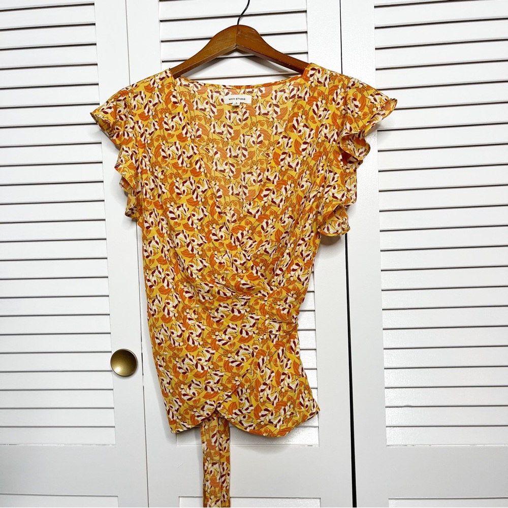 Max Studio patterned wrap blouse orange yellow size small